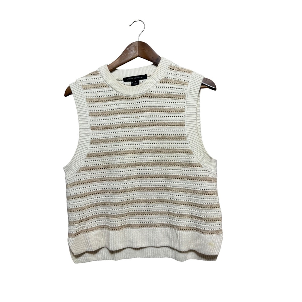 French Connection Sweater Vest Women M Ivory Good Metallic Stripe FQ0002AWNSC